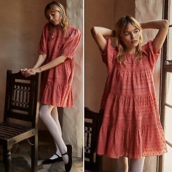 Doen Nerine Embroidered Tiered Organic Cotton Mini Dress Mirage Pink Small S - Picture 1 of 10